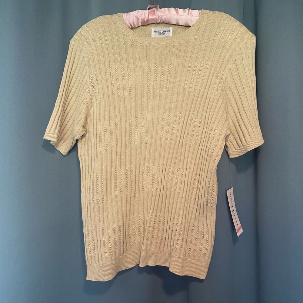 New Alfred Dunner Women’s 1X Sweater Cotton Cable Knit Camel Beige Short-sleeved
